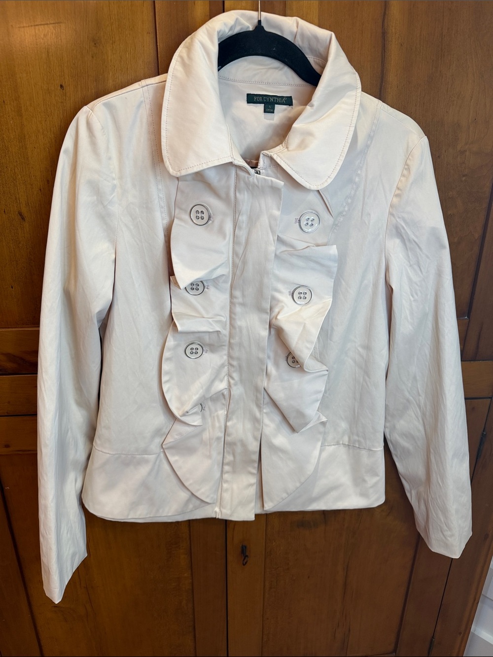 For Cynthia Light Blush Colored Ruffle-Front/Zip Blazer, L